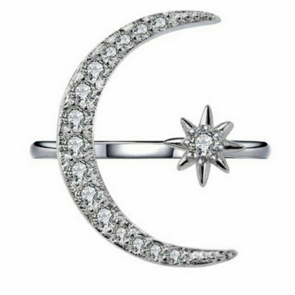 **New Silver Crescent Moon & Star Resizeable Ring - Picture 6 of 8